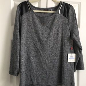 Charcoal sweater with leather and zipper shoulder accents